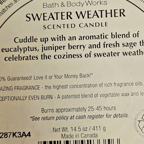 🎄🎁🆕️Sweater Weather Scented Candle by Bath & Body Works🕯 - Picture 3 of 3